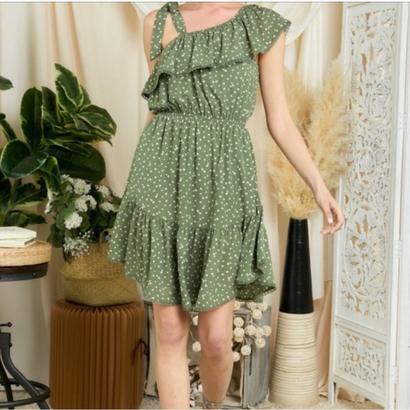 Davi Dana polka dot green one shoulder sleeveless mini dress with lace trim - Picture 5 of 10
